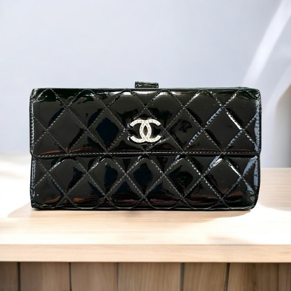 CHANEL Handbags - Authentic CHANEL Black Patent Quilted Leather Silver CC Long Wallet